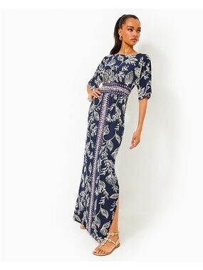 Lilly Pulitzer Navy and White Floral Maxi Dress with Waistband
